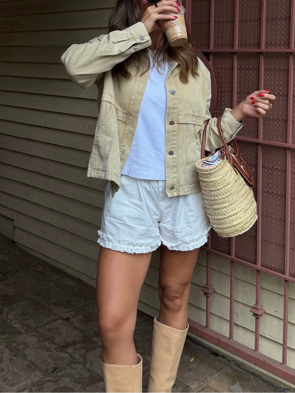 Beige Jean Jacket with Dark Brown Corduroy Collar
